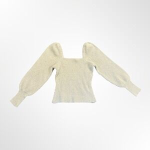 Fab'rik Cream Sequin Ribbed Knit Top Balloon Sleeves Square Neck Sweater Medium
